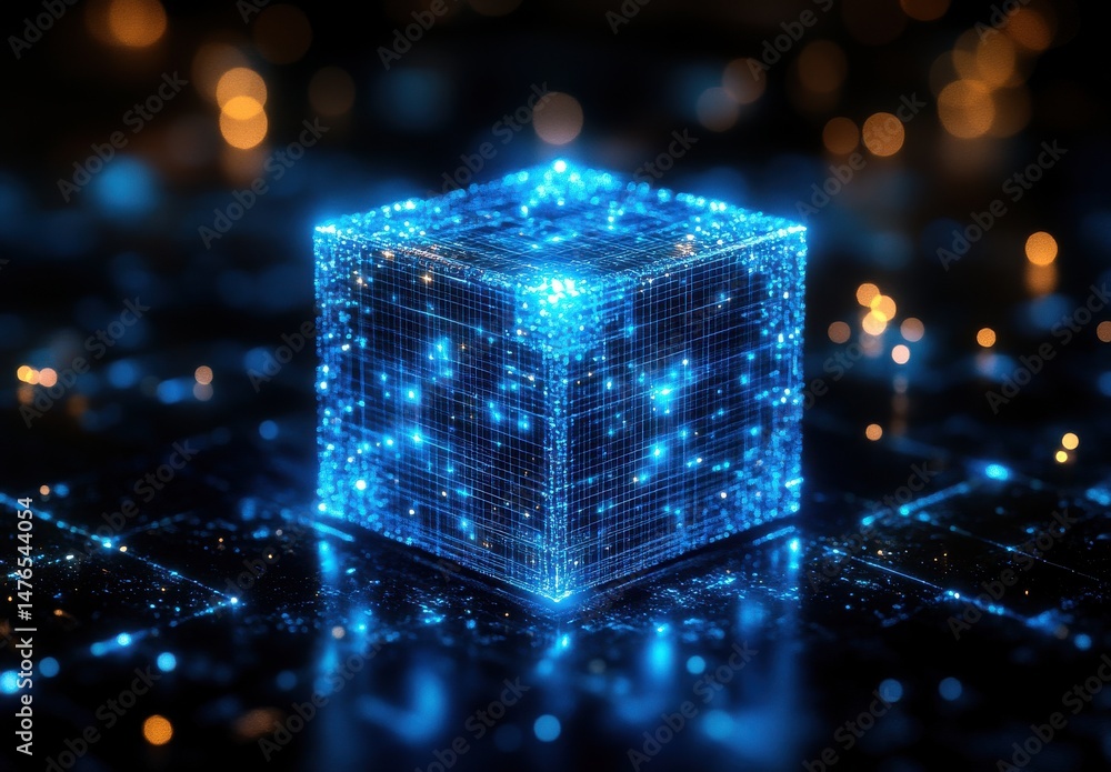 Poster luminous blue particle cube abstract digital art