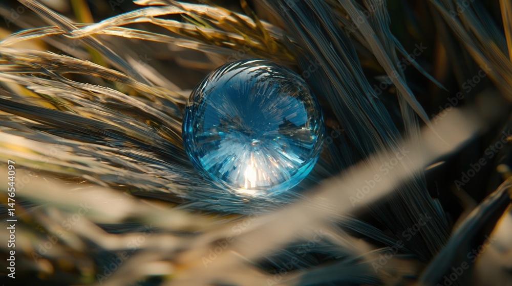 Poster nature conservation, world environment day concept. a bubble resting on grass with intricate reflect
