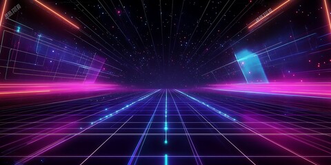 
Retro Sci-Fi Background Futuristic Grid landscape. Digital Cyber Surface. Suitable for design. 3D illustration. 3d technology abstract neon light background

