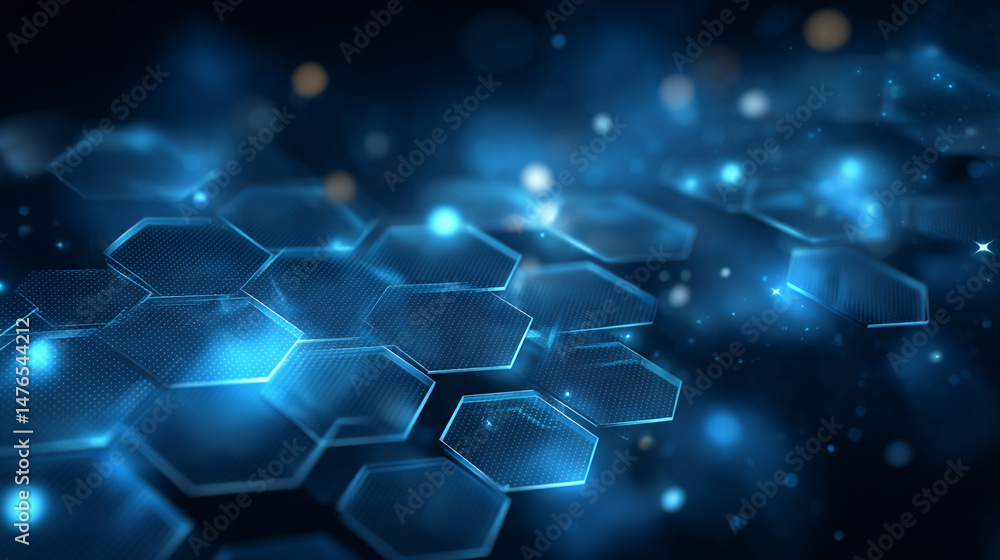 Poster blue background with a hexagonal shape and a technology, data connection, global network connection,