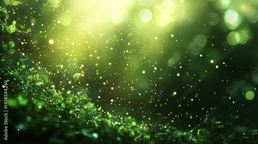 Poster luminous green forest with glowing particles and bokeh