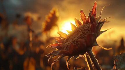 A closeup view of a sunflower reveals its detail as the sun sets behind it.


1/2








