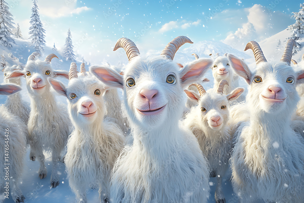 Poster a joyful group of animated goats smiling in a snowy landscape with pine trees in the background
