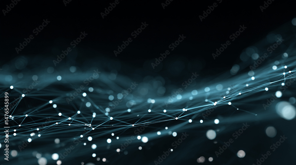 Poster abstract technological background, featuring blue glowing lines and dots in a dark networks weaving 