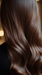 Fototapeta premium Beautiful model girl with Brown hair strand,silky healthy chestnut wavy hair strand,hair wavy ribbon, with smooth,Keratin straightening,Treatment,straight long hair,procedures,Smooth hairstyle.