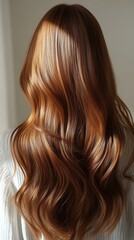 Fototapeta premium Beautiful model girl with Brown hair strand,silky healthy chestnut wavy hair strand,hair wavy ribbon, with smooth,Keratin straightening,Treatment,straight long hair,procedures,Smooth hairstyle.
