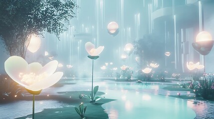 A tranquil futuristic garden with softly glowing pastel flowers and ethereal floating sculptures bathed in a gentle ambient light