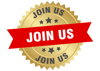 join us. join us round red and gold label isolated on transparent background