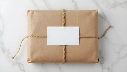 Packaging kraft paper, jute rope, blank label, flat lay