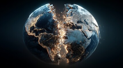 Stunning 3D Render of a Fractured Earth Globe Illuminated Night City Lights Global Crisis Concept Digital Art World Map Detailed Texture Realistic    