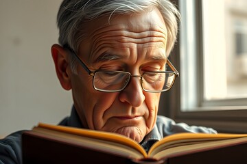 Close-up Portrait of Elderly Man Reading Book