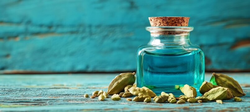 Cardamom Essential Oil in a Glass Bottle with Scattered Pods and Seeds on a Rustic Blue Background