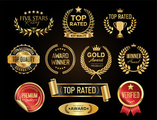 Top rated and award winner gold and red badge and emblem collection stock illustration 