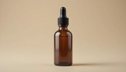 Fototapeta premium Brown glass bottle with dropper, isolated on beige