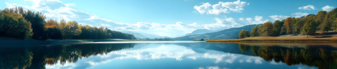 Fototapeta premium Tranquil Bergener See, former mining landscape reflecting blue sky, geography, serene, restoration
