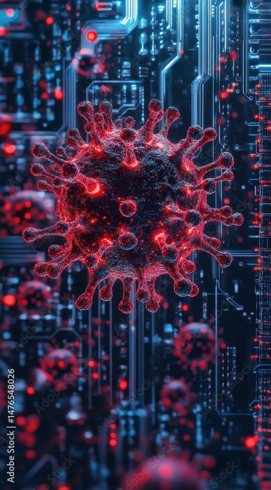 Aufkleber microscopic virus on circuit board red particle on dark blue tech background