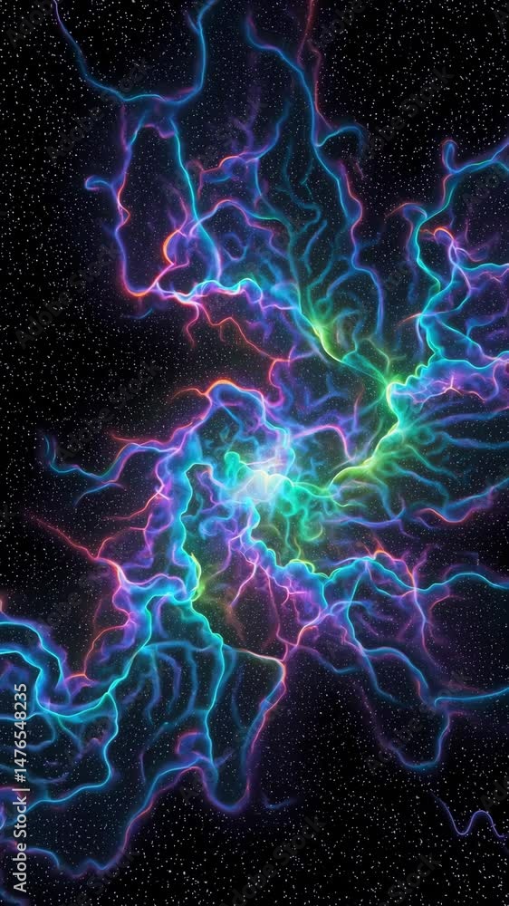 Poster colorful cosmic lightning: dynamic neon lightning strikes in outer space