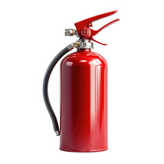Red fire extinguisher with hose and nozzle cutout isolated on transparent bg, png