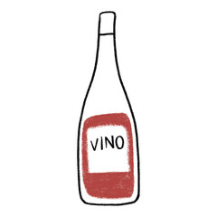 Bottle of wine with vino label in black and red color, simple line drawing style illustration hand drawn transparent png