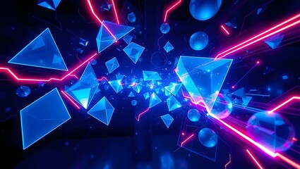 Digital Energy Burst with Blue Holographic Shapes and Neon Light Trails – Abstract Futuristic Sci-Fi Scene