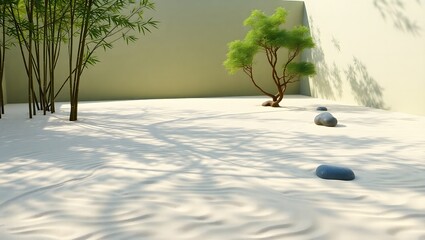 Minimalist Japanese Zen Garden with Raked Sand, Bamboo, Stones, and Bonsai Tree – Tranquil Outdoor Scene