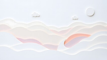 Minimal Pastel Paper Cut Landscape with Soft Layered Hills and Clouds