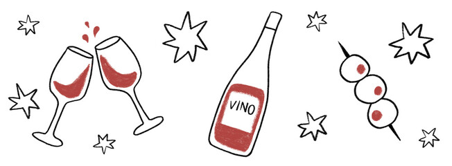 Hand drawn wine glass, vino bottle and olives on cocktail stick vector illustration collection set simple drawing modern design elements party celebration drink icons red and black color