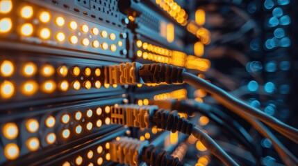 A close-up of network equipment in a data center that supports 5G infrastructure.