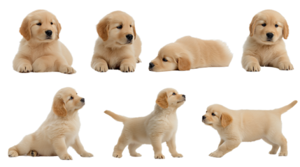 A set of golden retriever puppies in different poses