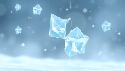 Icy Blue Polygonal Crystal Decorations Suspended in a Soft Winter Glow