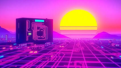 Neon Horizon in a Cyber Grid World – Retro 80s Synthwave Sci-Fi Scene
