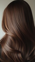 Beautiful model girl with Brown hair strand,silky healthy chestnut wavy hair strand,hair wavy ribbon, with smooth,Keratin straightening,Treatment,straight long hair,procedures,Smooth hairstyle.