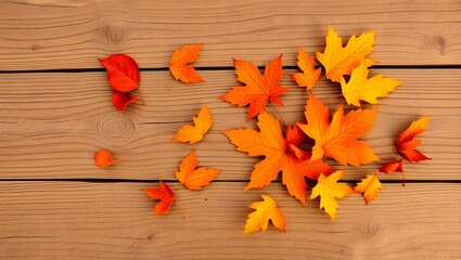 Vibrant Autumn Leaves on Rustic Wooden Background – Top-Down View