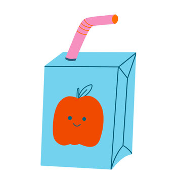 Apple fruit juice box carton with a straw for children, hand drawn simple cartoon illustration drawing in red blue and pink bright color transparent png