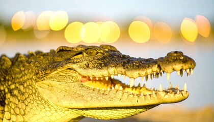 Close up of a ferocious crocodile with sharp teeth basking in the sun displaying its powerful jaws ready to strike its prey in the river
