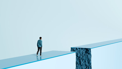 Man Standing at the Edge of a Broken Path - Life Challenges, Difficult Decisions, Uncertainty, and Overcoming Obstacles, 3D Render