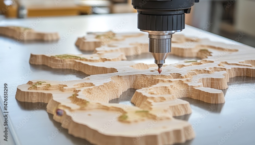 Poster cnc router carving a detailed wooden topographical map a showcase of precision and craftsmanship
