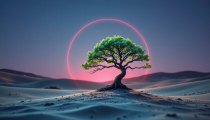 Pixel Art Bonsai Tree in Desert Sunset with Neon Pink Circle
