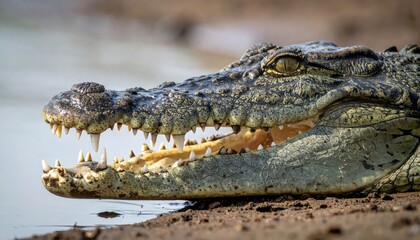 Obraz premium Close up of a formidable crocodile with its mouth open displaying sharp teeth near water