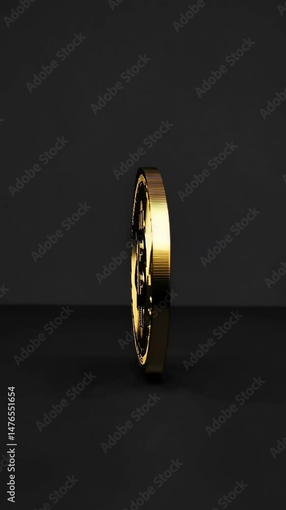 Poster rotating bitcoin cryptocurrency coin on dark background: dynamic spin and closeup views