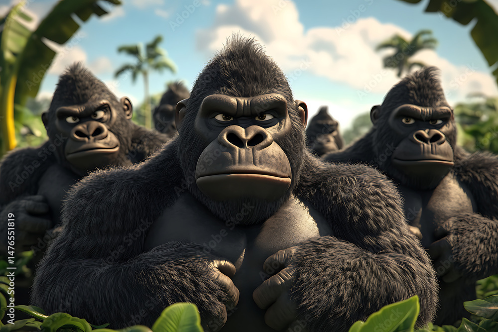 Poster group of gorillas displaying strength and unity in a lush jungle environment