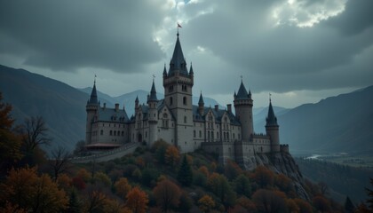 Fototapeta premium Majestic Grey Stone Castle on Autumn Mountain Under Dark Clouds