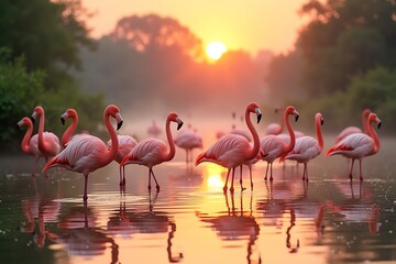 Fototapeta premium Flamingo flock in tranquil golden light