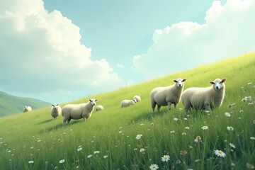 Obraz premium Fluffy sheep graze on flowerfilled hill