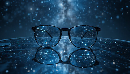 Glasses reflecting a cosmic starry night on a glass surface with a galaxy backdrop