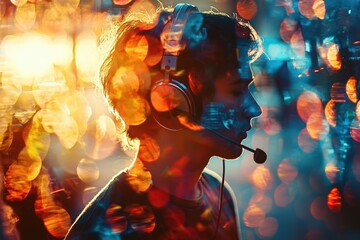 Fototapeta premium Stylish portrait of a young man wearing headphones at night, ideal for gaming, technology, or music projects. Use for websites, social media, and advertising.