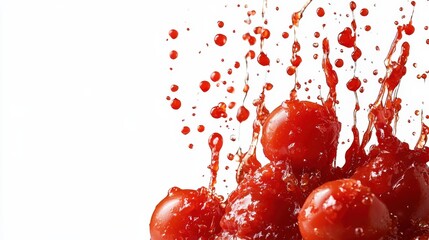 Dynamic image of splashing tomato juice, perfect for food, beverage, and health-related advertising. Ideal for websites, packaging, and print media.