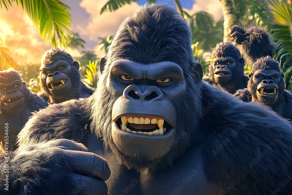 Poster group of animated gorillas displaying expressions of confidence and strength in a lush jungle settin