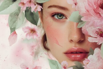 A beautiful woman surrounded by delicate pink flowers.