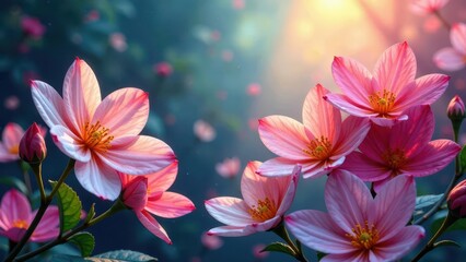 Fototapeta premium Soft Pink Blossoms Illuminated by Golden Sunlight in a Serene Garden Setting